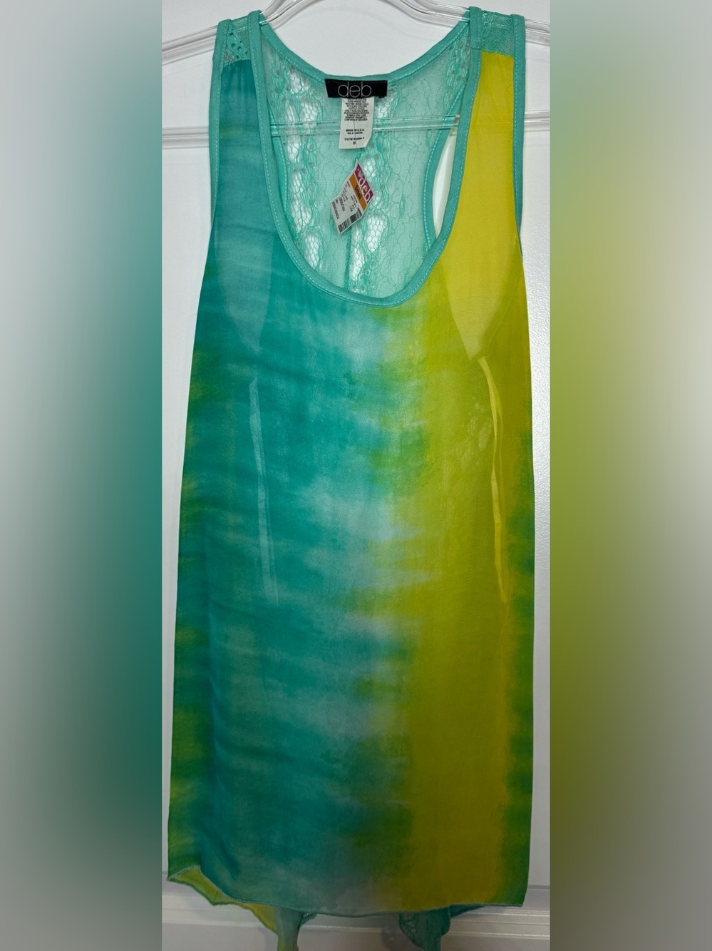 Deb Teal and Yellow Gradient Ombre Lace-Back Tank Top size small